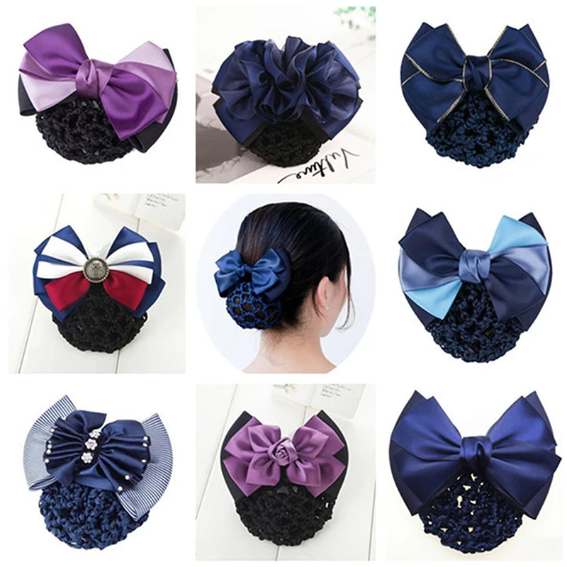 Nurse Stewardess Hair Accessories Bowknot Stripe Net Bun Hair Cover Women Barrette Net Bun Crochet Net Bun Snood