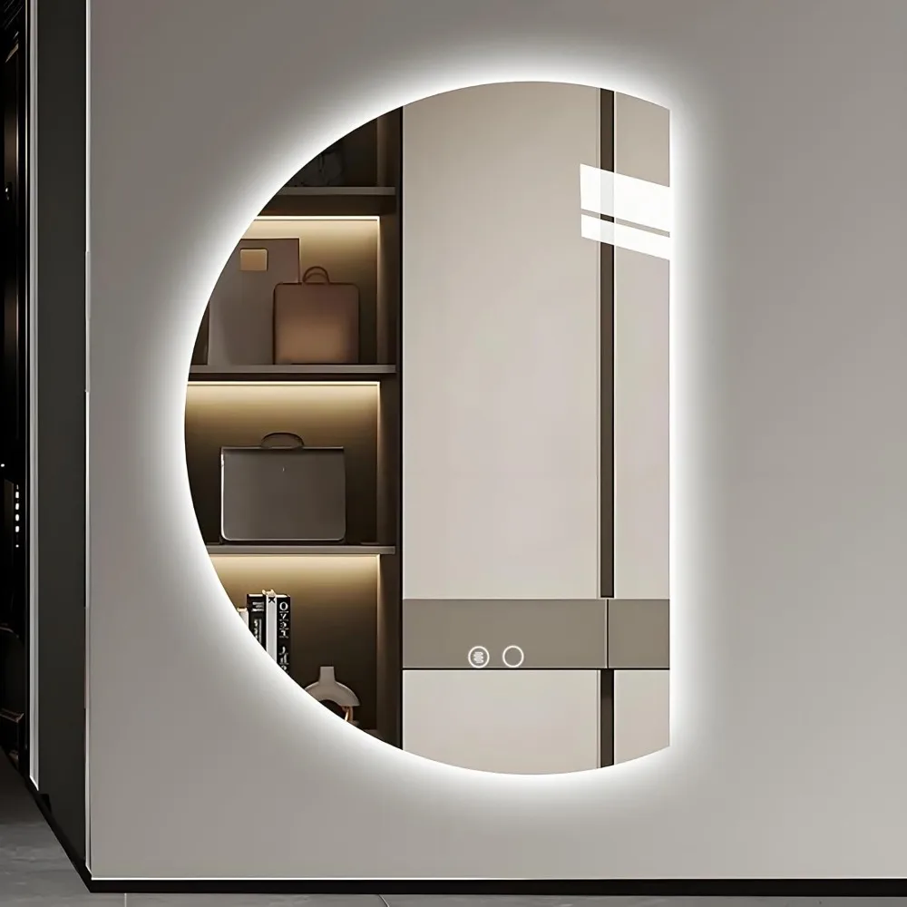 Espelho de parede LED meia lua moderno de 35 x 24 polegadas com recurso de maquiagem inteligente antiembaçante e regulável em 3 cores