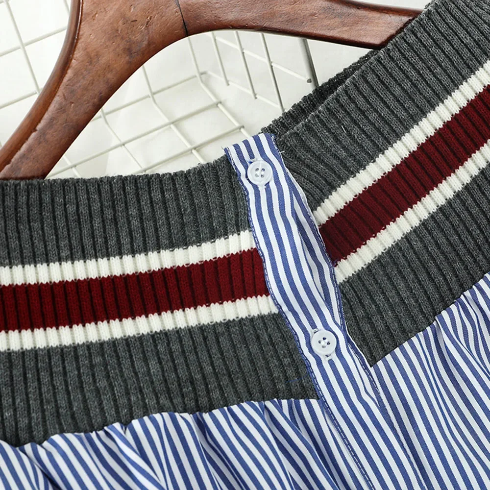 Wiosna Jesień Damskie Koszule Patchworkowe Paski Granatowy Styl Luźna Koszula Retro Długi Rękaw Koszula z Rękawem Latarnia Topy Damskie