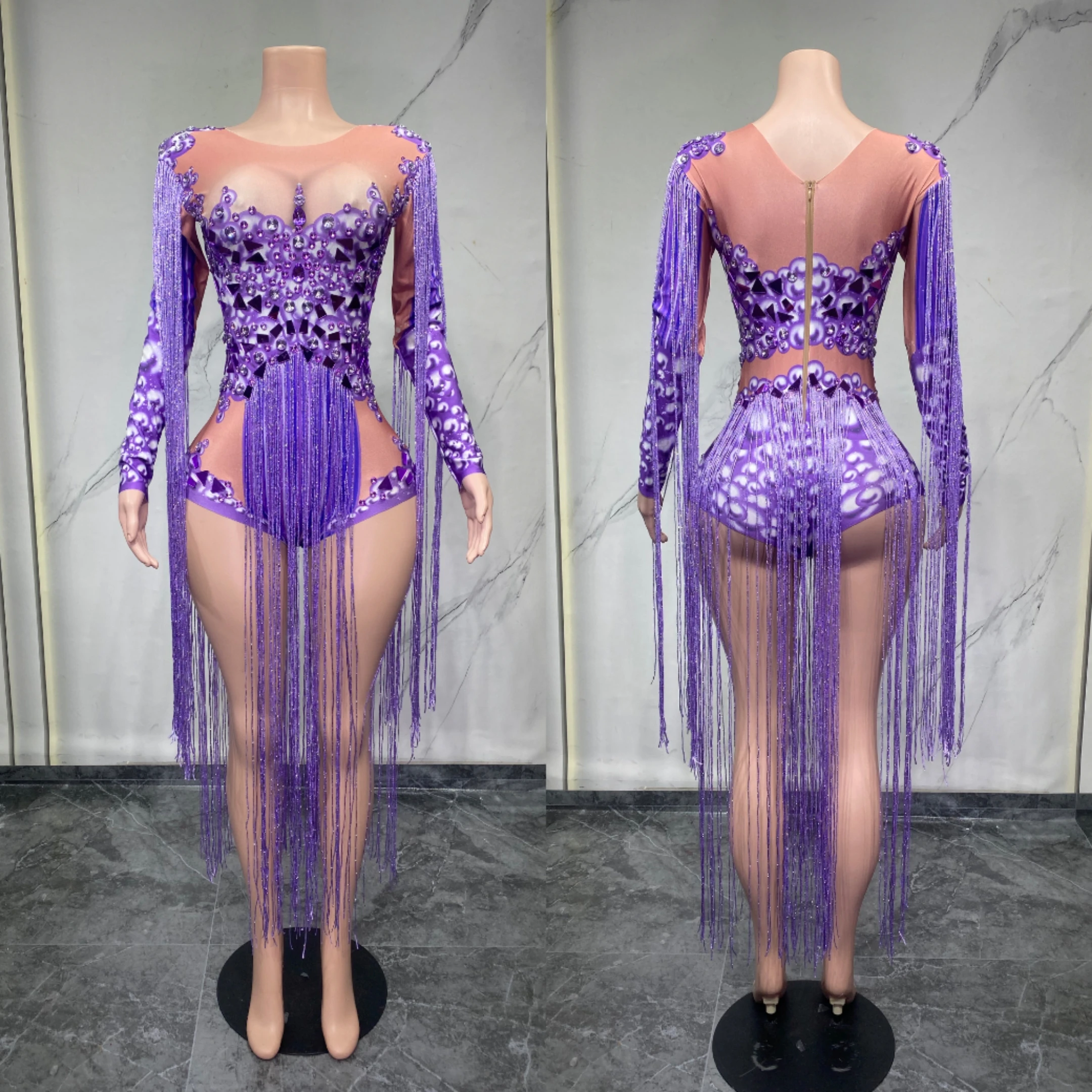 

Фиолетовый боди с бахромой и стразами для дрэг-квин, костюм для выступлений, наряд для гоу-гоу, одежда для певиц, наряд для танцев на пилоне, наряд на день рождения