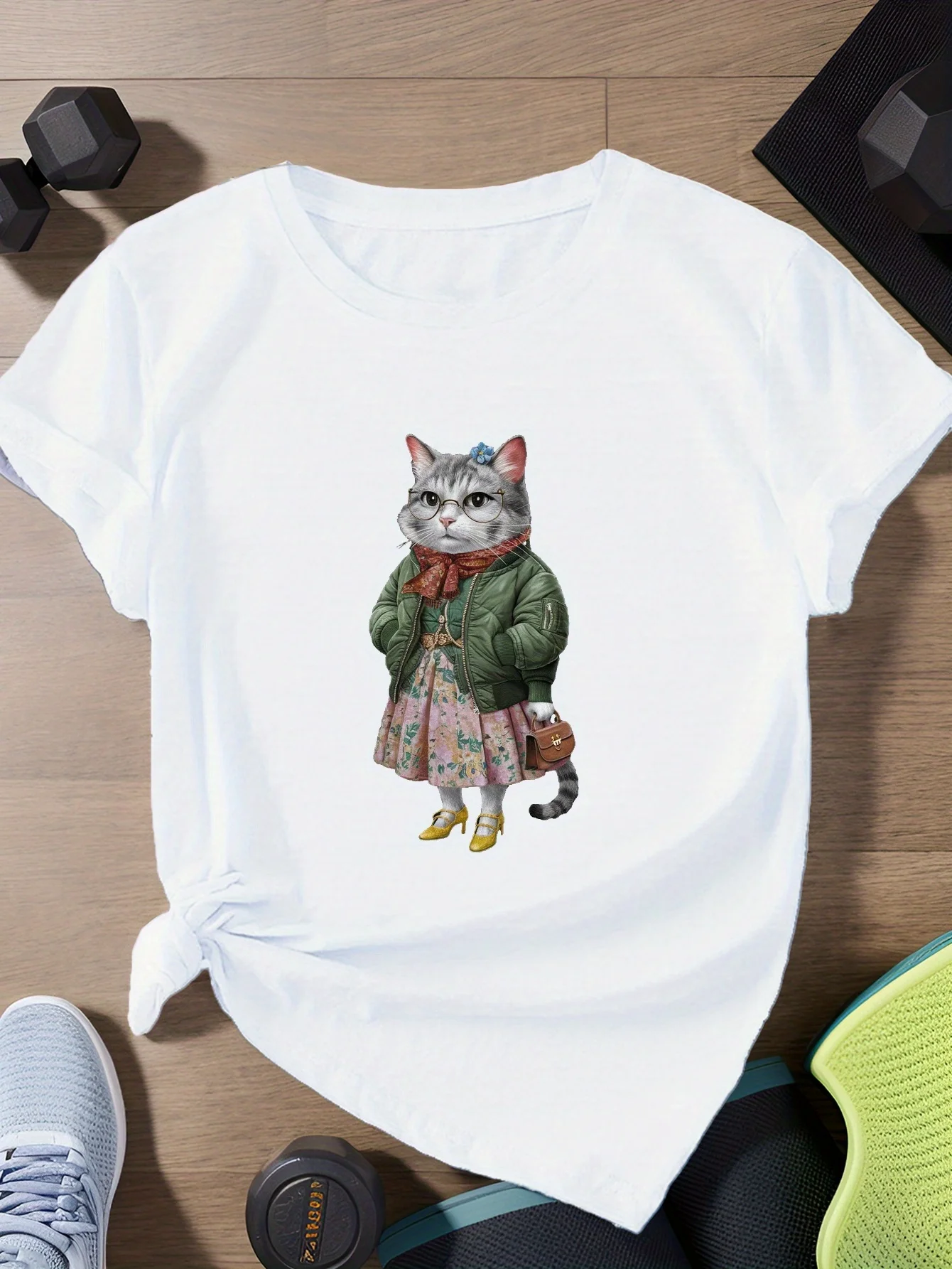 Retro Comic Katze Muster Gedruckt Sommer Damen T-Shirt Top Kurzarm Rundhals Lässige Damen Sommerkleidung