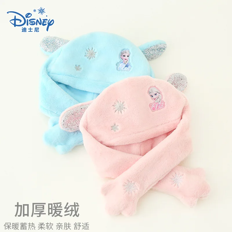 Disney Lce And Snow Wonderland Children\'s Warm Hat Plush Winter Windproof Girl Kids\' Scarf Hat Birthday Gift