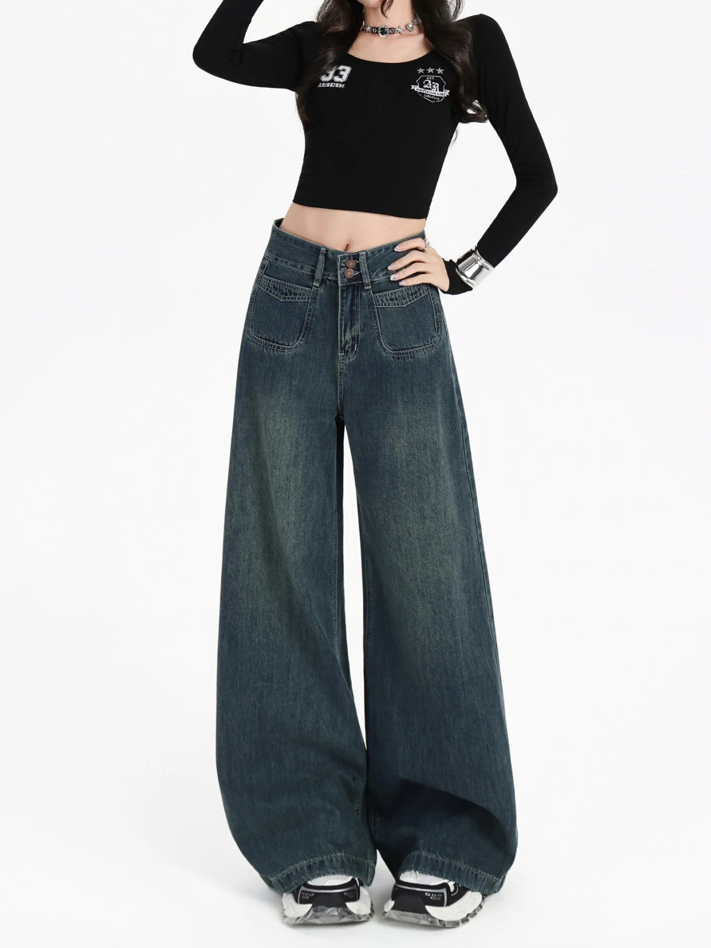 Fce Lined Thi ワイドレッグデニムジーンズ レディース 秋冬 ハイウエスト ルーズ スリム ストレート 大きいサイズ 多用途 ドラフロ...