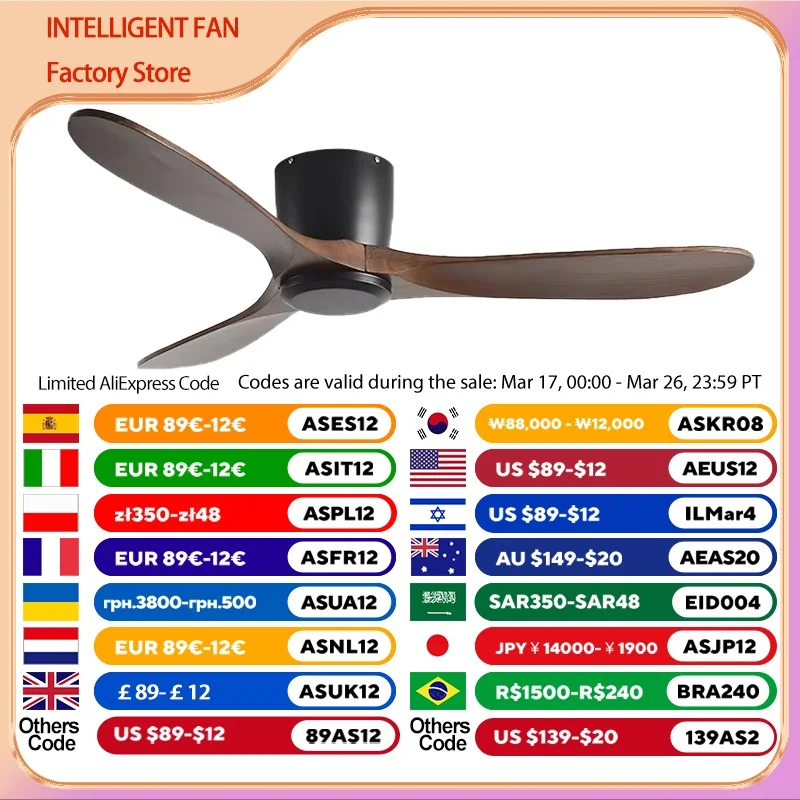 42/52 Inch Low Profile Wooden Ceiling Fan for Commercial and Industrial Use, Black Finish, Without Lamp, Remote Control Included