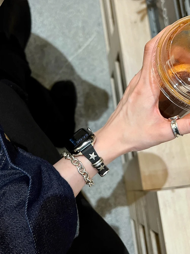 Retro Star สําหรับ Apple Watch 38 มม.40 41 มม.42 มม.45 มม.46 มม.49 มม.สร้อยข้อมือหนังสําหรับ iWatch Ultra 10 9 8 7 6 SE 5 4