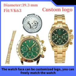39.3mm VK63 watch case 316L stainless steel for VK63 movement Assembly 10bar waterproof, green glow in the dark dial, custom log