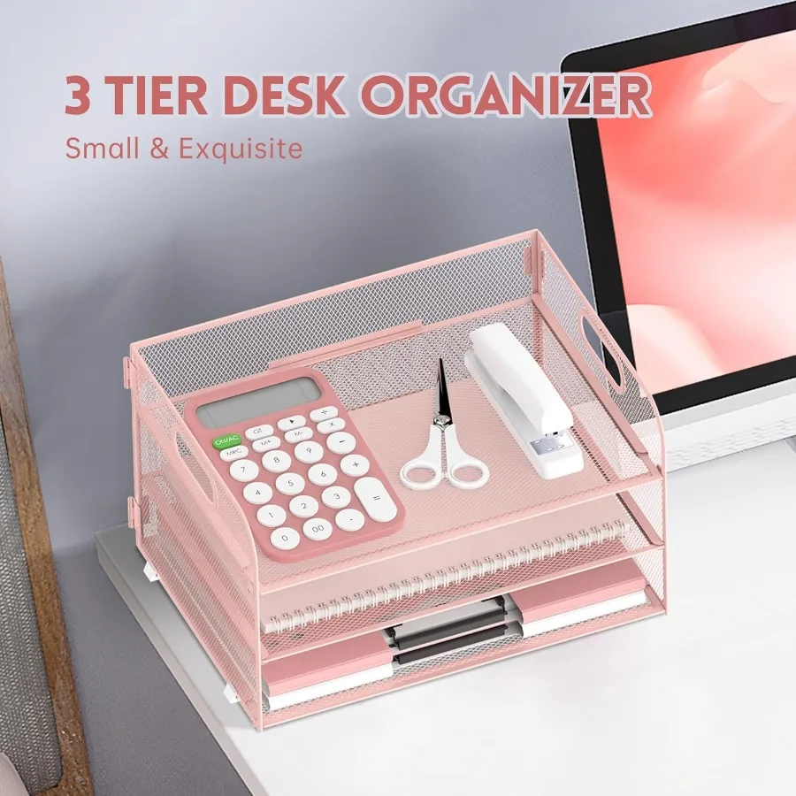 منظم ورق من 3 طبقات مع مقبض لتخزين المكتب، صينية رسائل بتصميم شبكي لملفات A4 والوثائق، ملف سطح المكتب الوردي المدمج #3