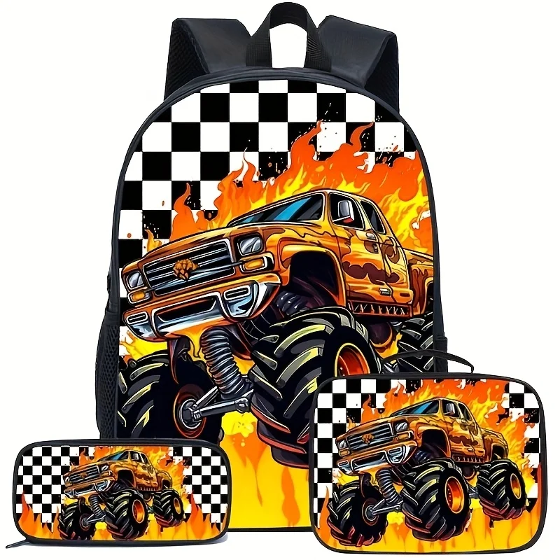 

Cool Flame Off-Road Vehicle Print Backpack, 3pcs Set Includes School Bag, Lunch Bag, and Pencil Case, Boys' Back-to-School Campu