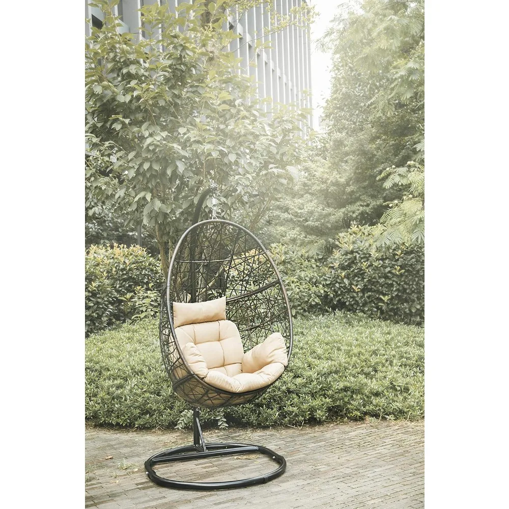 

Chair Outdoor Indoor Wicker Tear Drop Hanging Chair With Stand Color Cushion Brown Outdoor Garden Swings Furniture