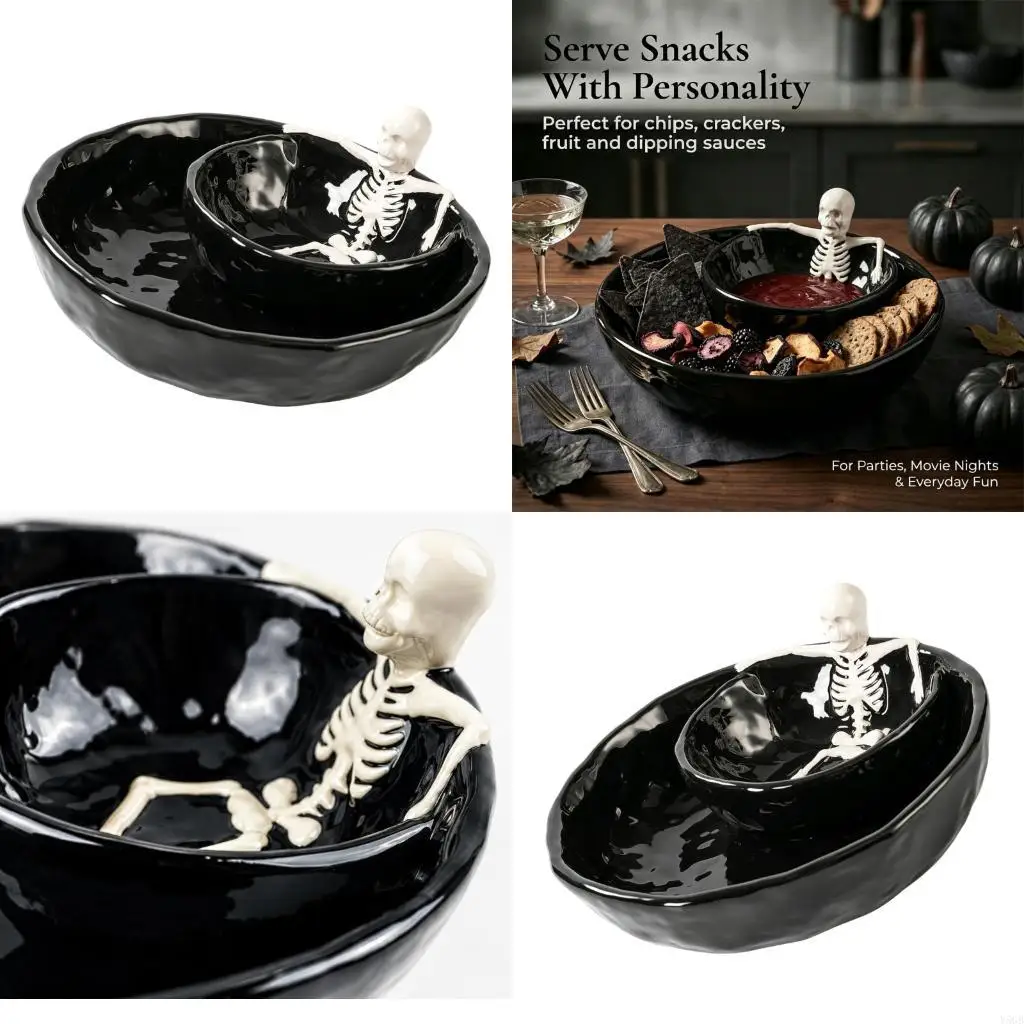 Halloween Skeleton Snacks Dishes Decorative Serving Bowl, Black Ceramic Candy Dish with Raised White for Distinctive Y5GB