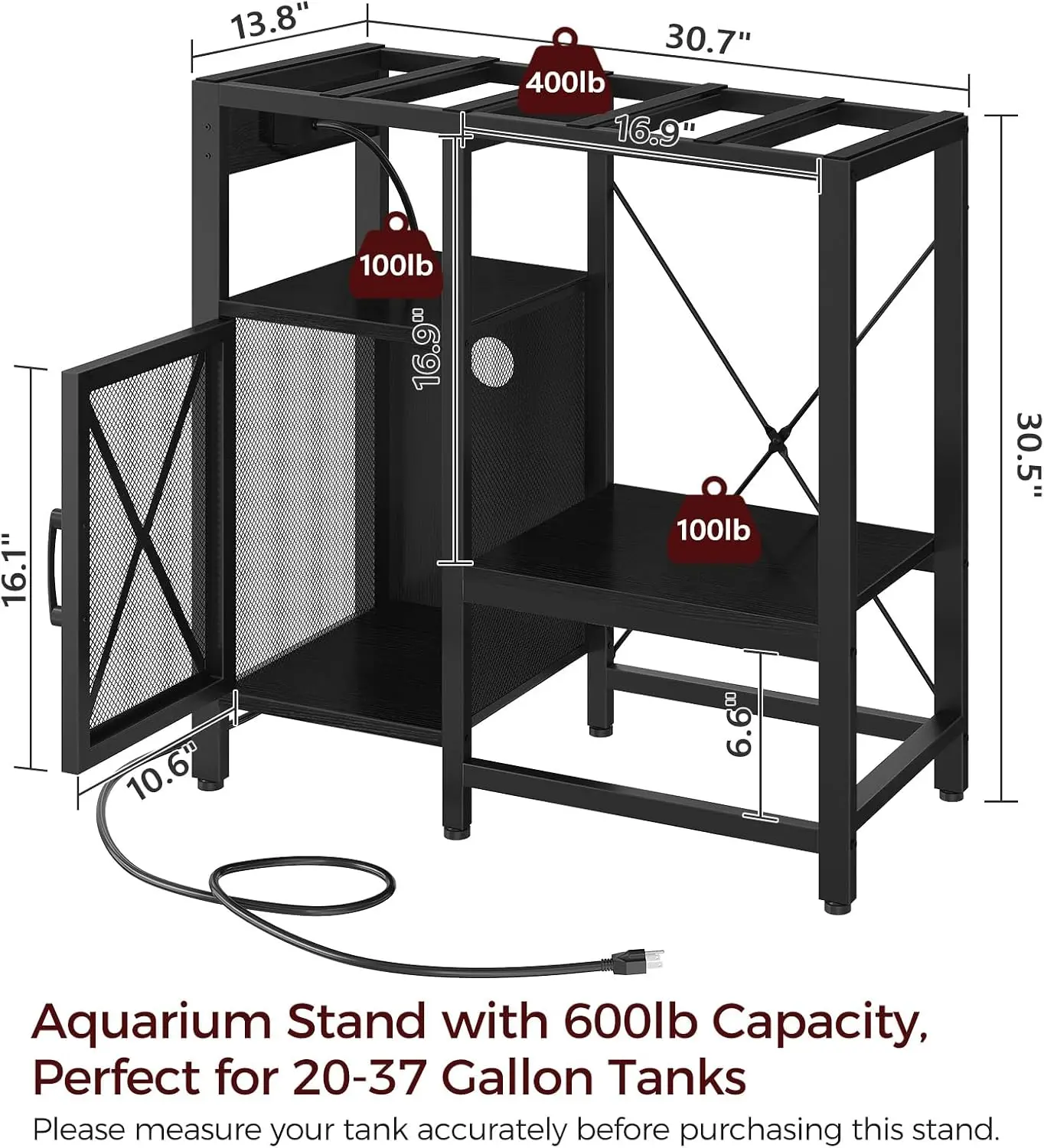 20-37 Gallon Fish Tank Stand, Aquarium Stand with Power Outlet and Storage Cabinet, Heavy Duty Tank Stand Suitable for Turtle