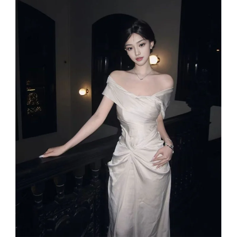 

Ele белое атласное вечернее платье, юбка на день рождения, длинное платье на одно плечо, роскошное женское платье из полиэфирного волокна, большие размеры