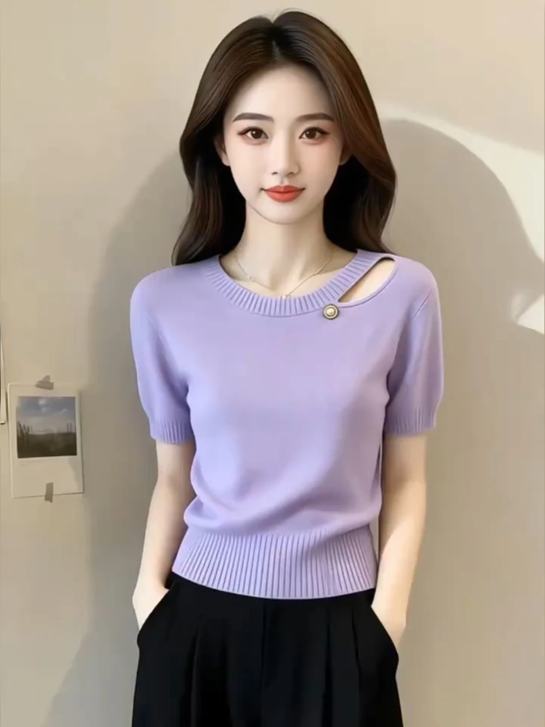 

Purple Short Sleeve Knitted Sweater Women's Summer plus Size Slimming Hollow out Design Top Korean Style round Neck Pullover