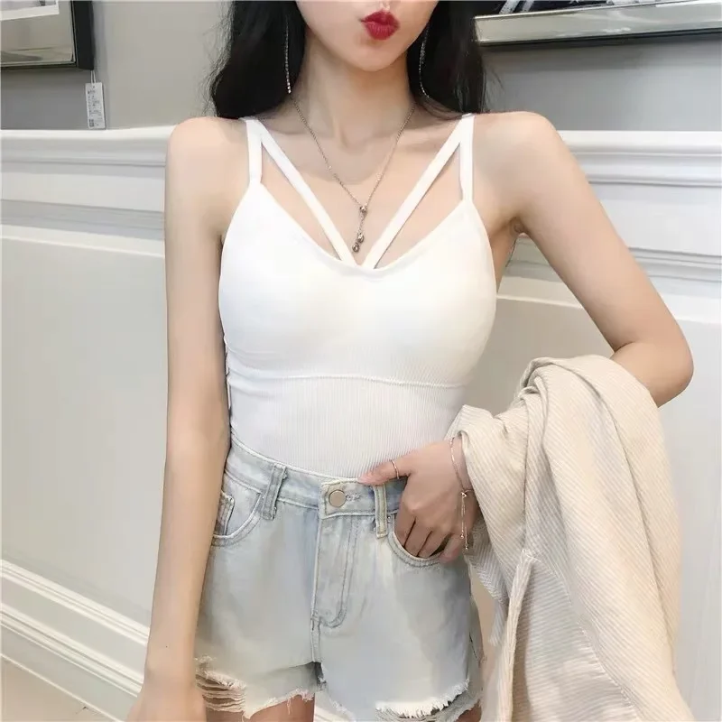 Women's Camis Seamless Body-fitting Vest Wrapped Detachable Chest Pad Cut Bra Top Elastic Cross Open Back V-neck Tanks