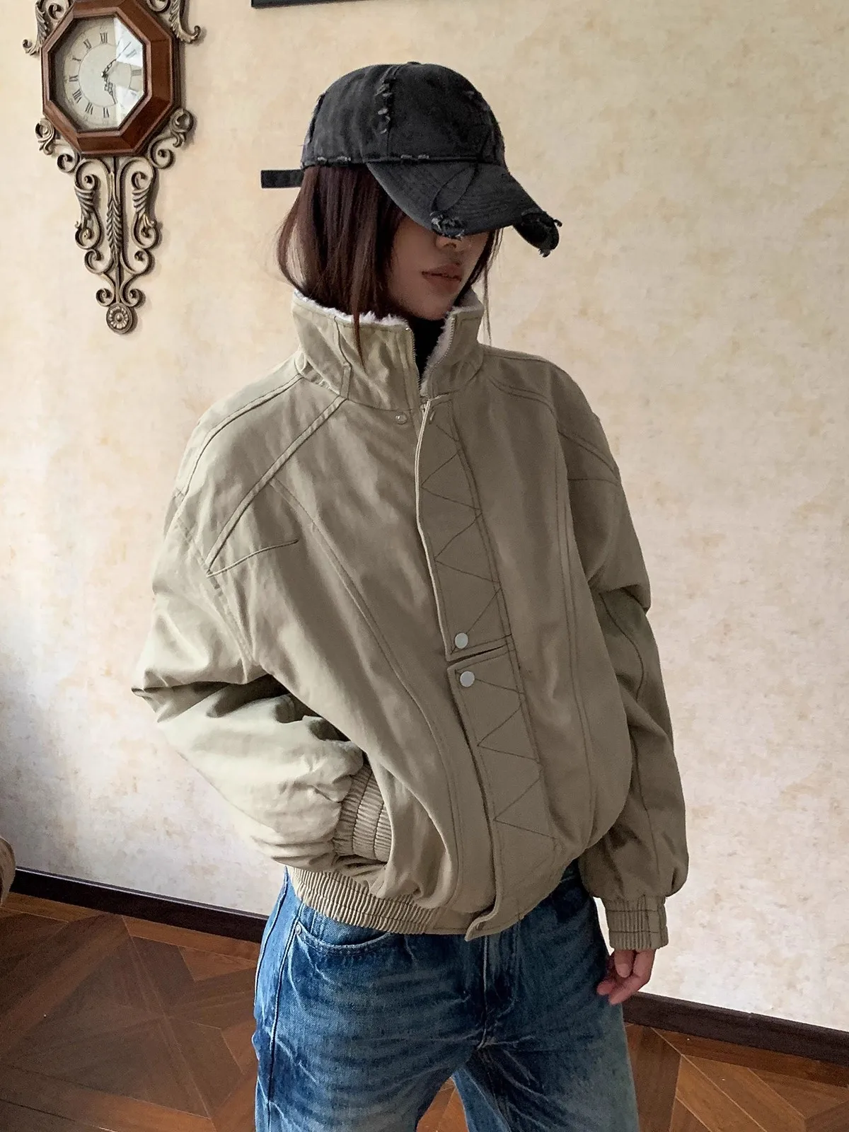 معطف Jaet نسائي فضفاض من القطن المفكك من American High Street مع سحاب إغلاق وياقة واقفة