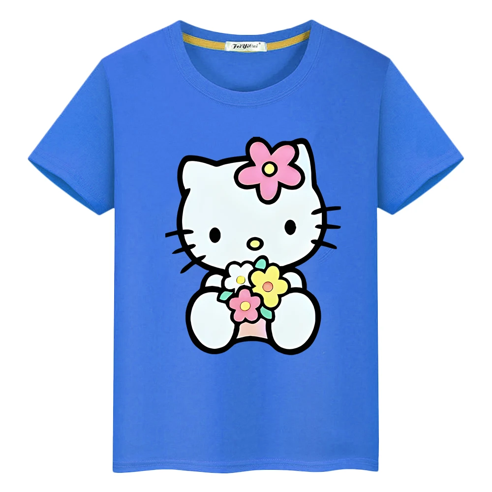 

Футболка с принтом hello kitty для детей, для мальчиков 10 лет, 100% хлопок, милые короткие топы, футболки Sanrio аниме y2k, цельная детская одежда для девочек