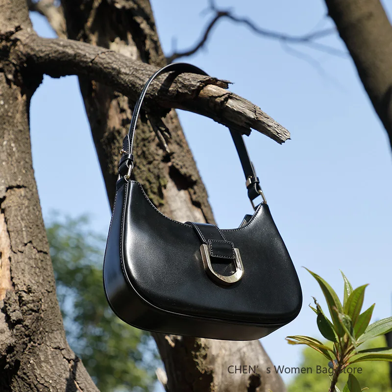 

Elegant Genuine Leather Crescent Shoulder Bags for Women 2025 Luxury Designer Crossbody Purse Underarm Ladies Handbags