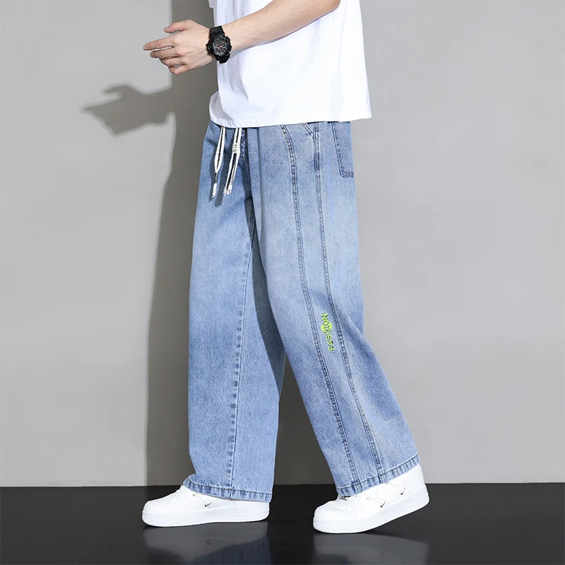 2024 Autumn New Wide Leg Jean Pants Men Trousers Neutral Loose Casual Cotton Straight Outdoor Fashion wash Pants Big Size 8xl