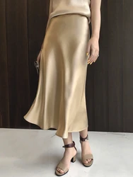 Women's Satin Skirt High Waist Elegant Midi A-line Skirt Lady's Summer Solid Champagne Vintage Silk Long Skirts for Women 2024