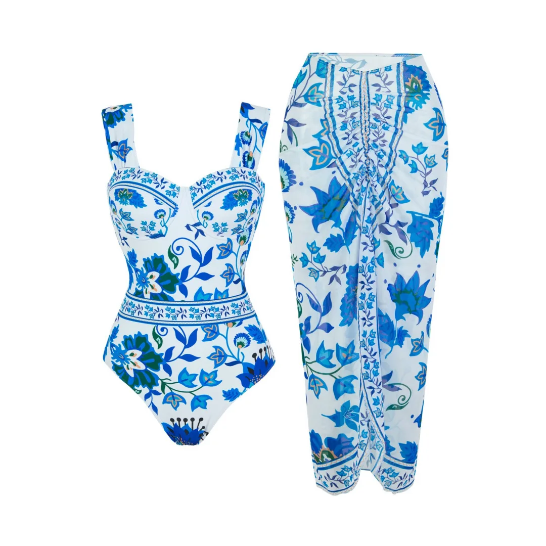 One-piece Women Floral Swimwear Swimsuit Blue Red  Printed V-neck Sexy Bikini Set Beach Vacation  Style Wear Maxi Dress Skirt