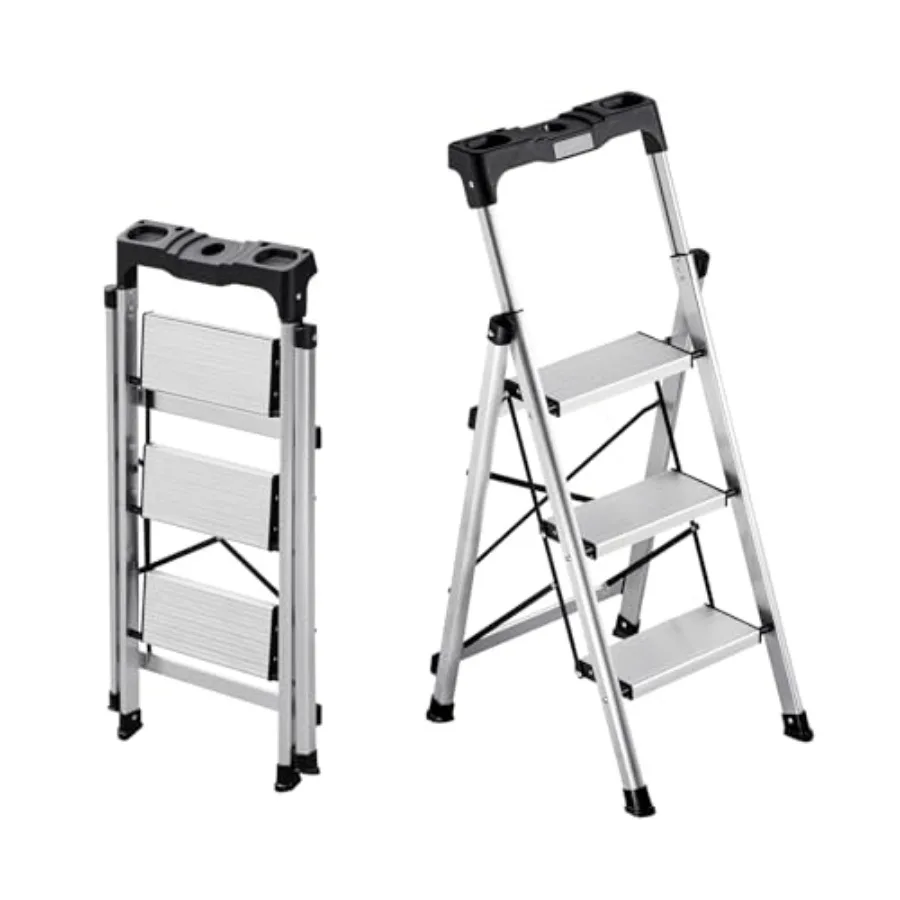 

3 Step Ladder Folding Step Stool with Wide Anti-Slip Pedal and Comfort Handgrip 330 lbs Capacity Portable Aluminum Stepladder M