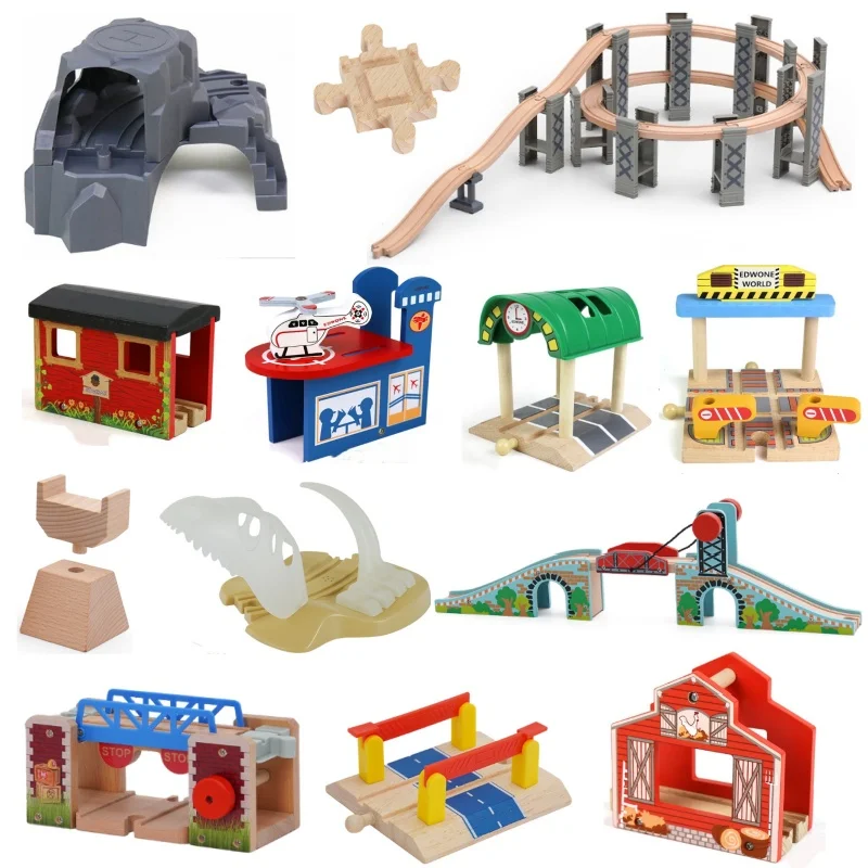 Akcesoria do drewnianych torów kolejowych DIY, drewniane elementy z drewna bukowego, mosty i tunel do torów drewnianych, zabawki edukacyjne, prezenty.