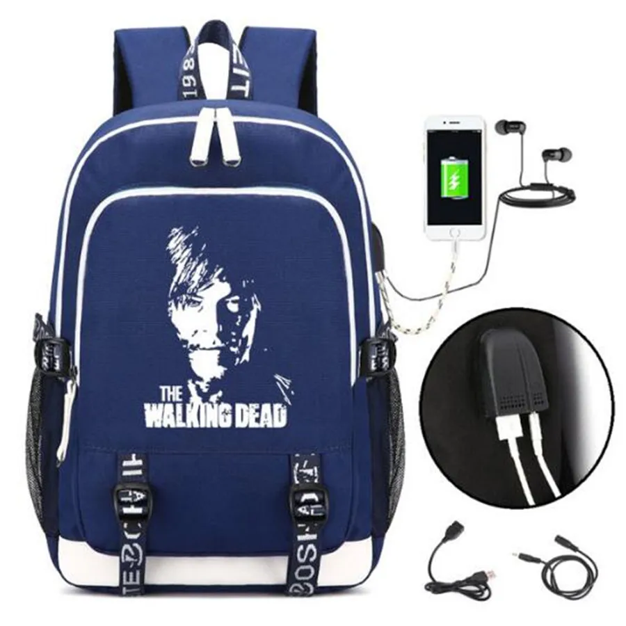 Novo the walking dead mochila com usb moda porta bloqueio zíper adolescente estudante escola ombro bolsa para portátil presentes