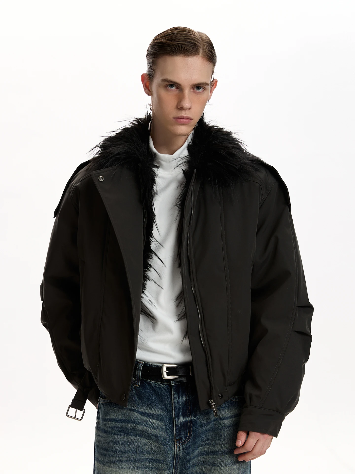 

a PUEE American Retro Cleanfit Fur Collar Jaet Thiened Cotton Parka Winter Coat Trendy Youth Loose Fit Warm Polyester