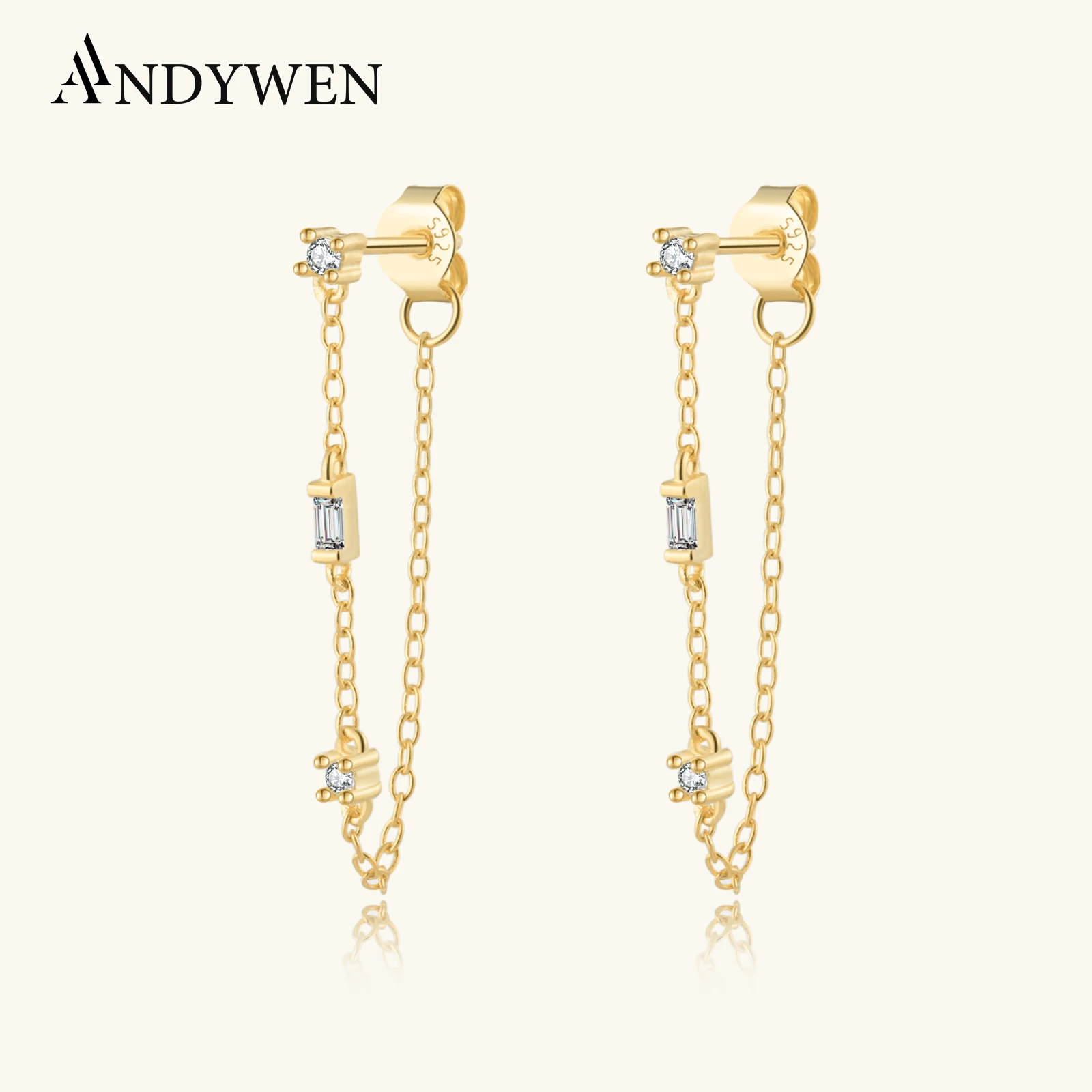 

ANDYWEN 925 Sterling Silver Three CZ Piercing Stud Earring Clear Pendient 2025 Women Luxury Chain Piercing Fine Jewelry