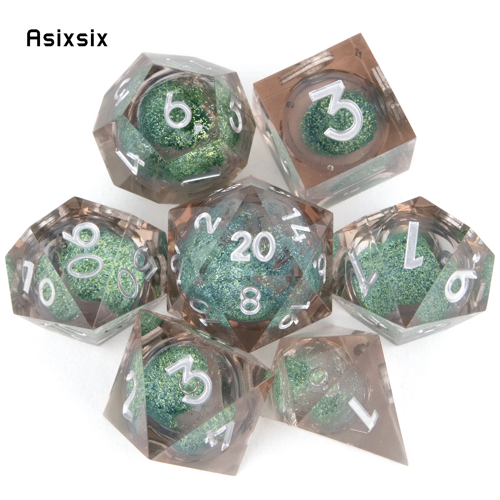 

7 Pcs Green Resin Flowing Sand White Number Sharp Edge Dice Polyhedral Dice Suitable for RPG Board Game