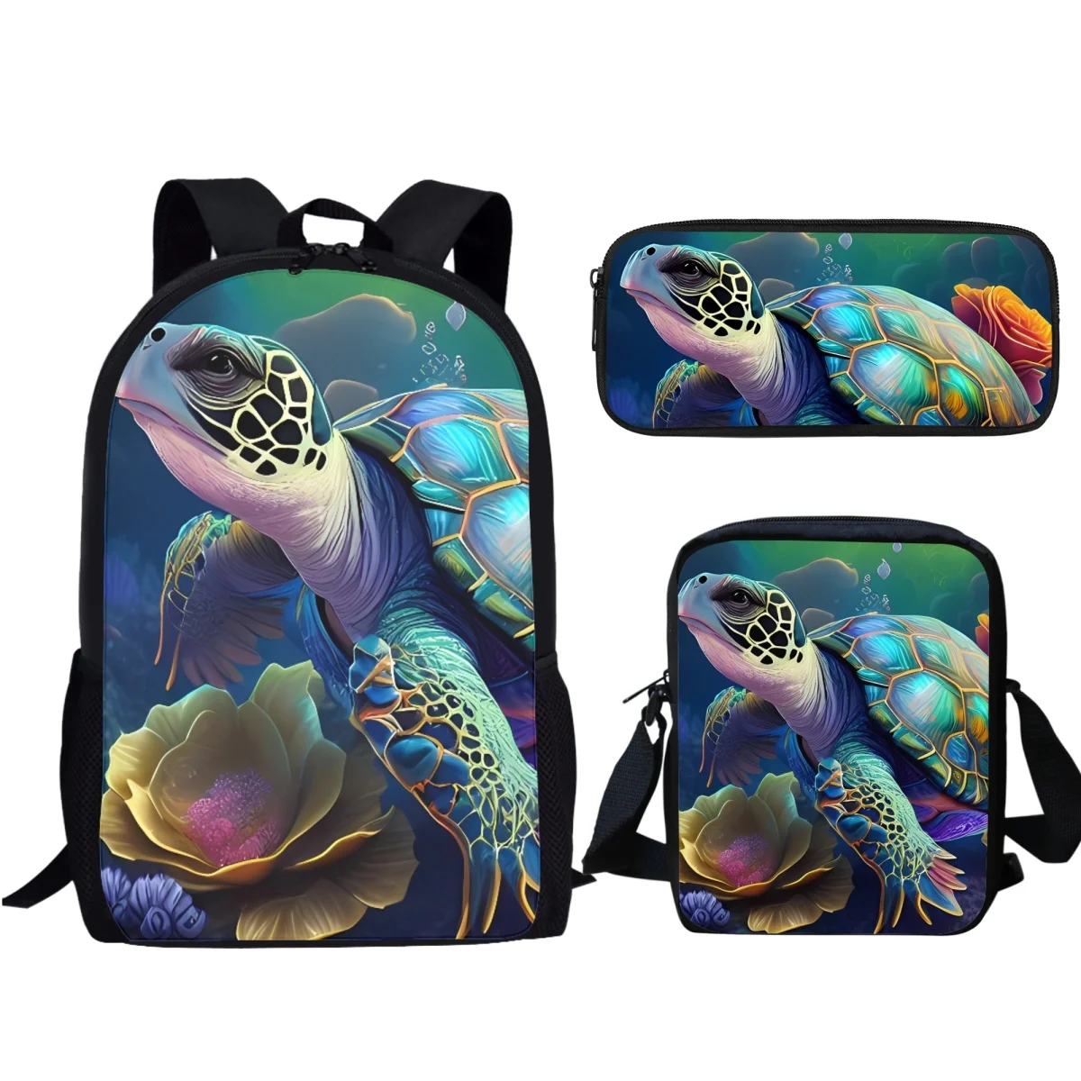 Bling Neon Sea Turtle Backpack Set Personalized Lunch Box Pencil Case for Boys Girls 3 Pieces Backpacks Teenagers School Bags