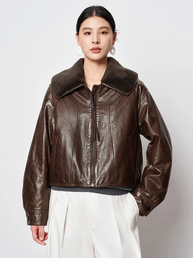 

Cropped Winter Genuine Leather Goose Down Jacket for Women 2026 New High-end Simple Natural Wool Collar Real Sheepskin Down Coat