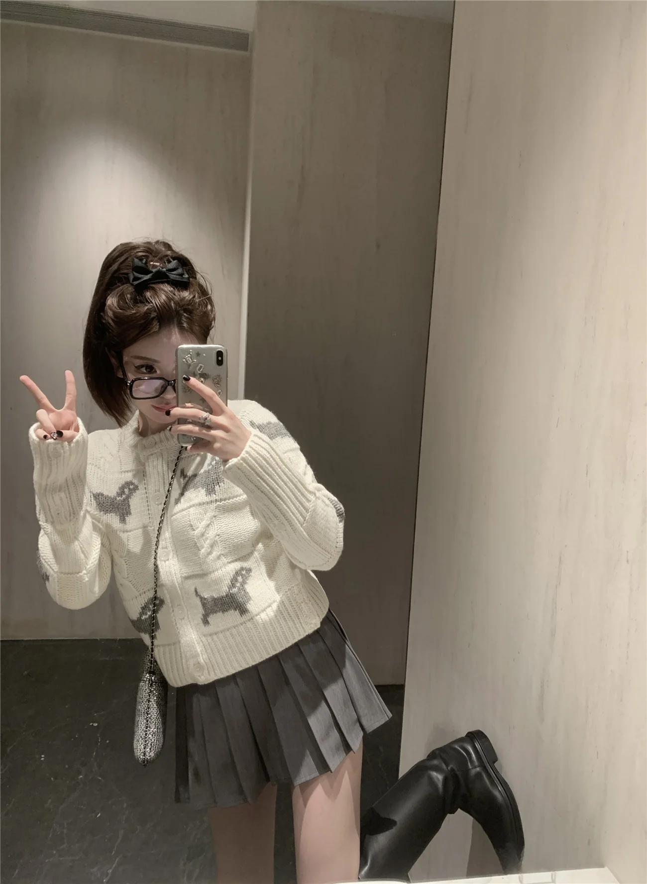 

KKK Studio Loose Fit Autumn Winter Knitwear Cardigan Women's Sle College Wind Dog Pattern Classy Sweater Coat round Ne Si...