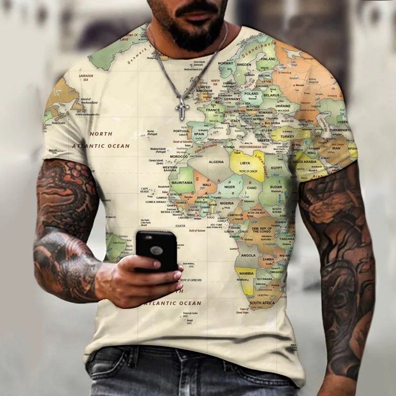 Men\'s short sleeve T-shirts crew neck print 3D graphics World Map/Harajuku/Fashion/Summer t shirt for men