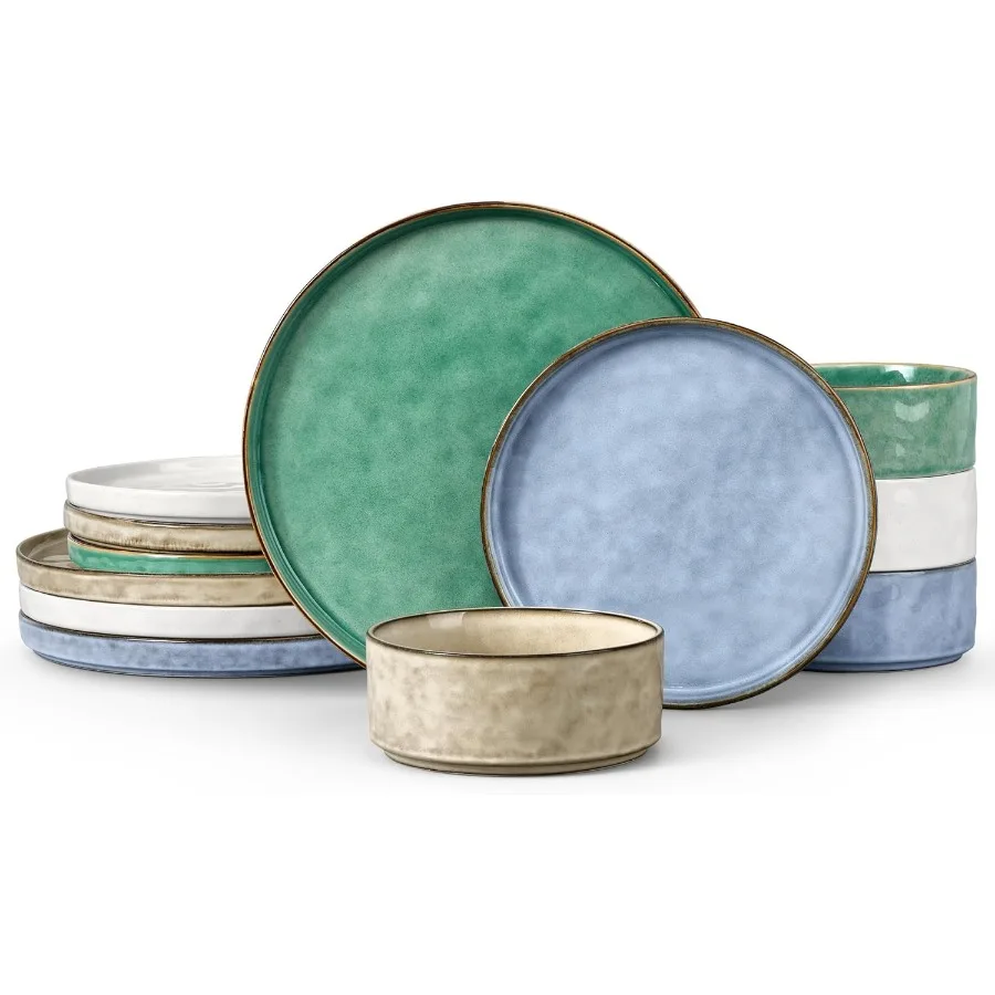 

Набор столовой посуды из 12 предметов, каменная посуда, набор посуды для 4 тарелок и мисок, посуда для ужина, десерта, пасты, чипсы и царапины