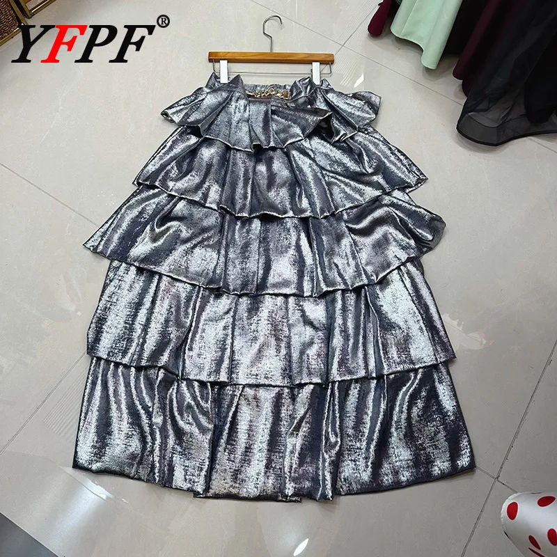 

YFPF 2026, новая женская юбка, элегантная однотонная юбка с оборками в стиле пэчворк, длинные повседневные платья трапециевидной формы, модная весенняя одежда
