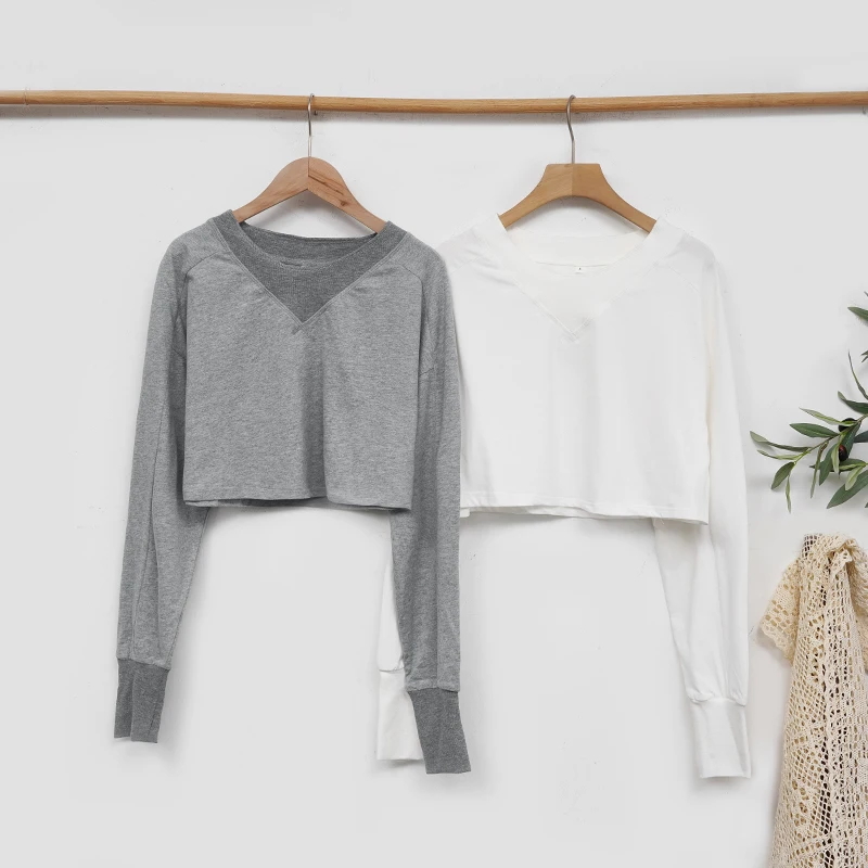 

Sean Tsing 100% Cotton Sports Hoodie Sweatshirts Women Long Sleeve O-neck White Crop Short Tops Running Training Yoga Sportswear