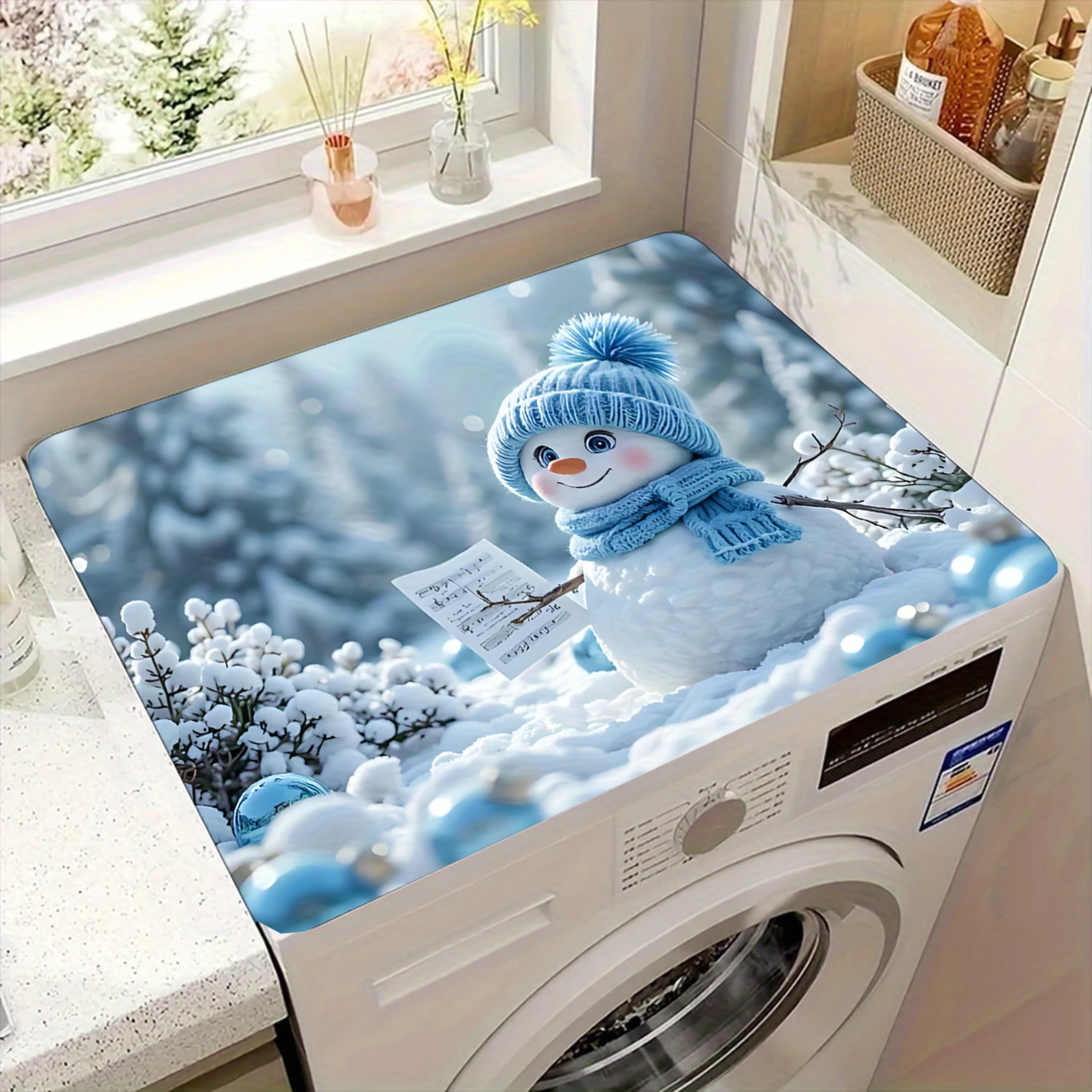 1pc Blue Snowman Winter Scene Washing Machine Cover - Durable Laundry Room Decorative Appliance Cover