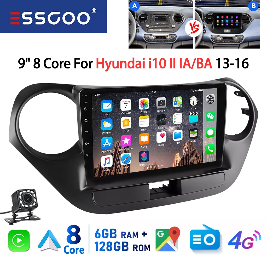 ESSGOO 8-Core 128GB 9" Display Voor Hyundai i10 II IA/BA 2013-2016 Android 14 Autoradio CarPlay Android Auto GPS Navigatie 4G WiFi FM RDS BT DSP 2 DIN Multimedia Speler