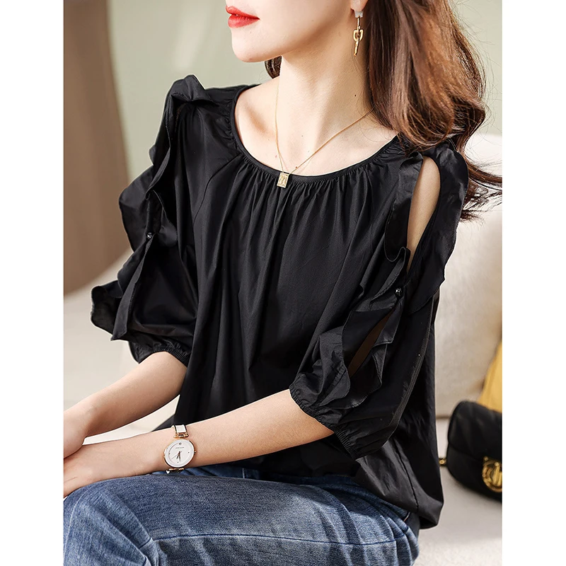 Fashion O-Neck Folds Hollow Out Butterfly Sleeve Blouses Women's Clothing 2024 Summer New Loose Korean Tops Office Lady Shirts