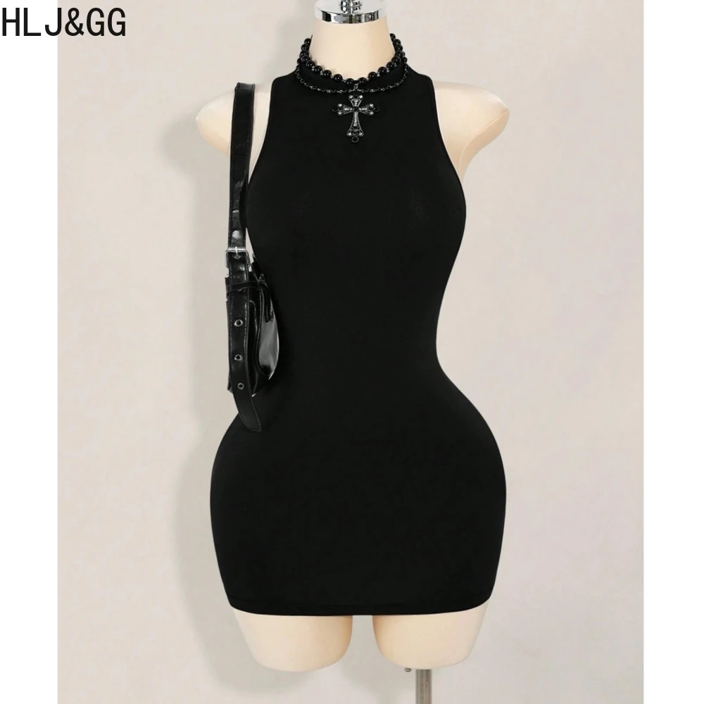 

HLJ&GG Black Sexy Lace Bodycon Mini Dresses Women Round Neck Sleeveless Slim Vestidos Fashion Solid Party Clubwear Clothing 2026