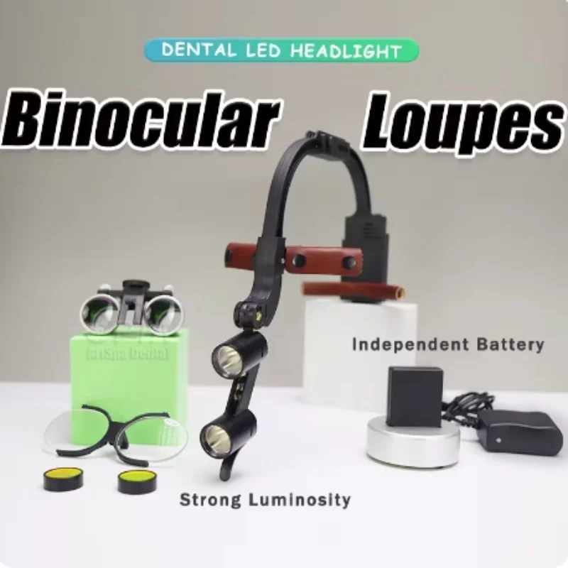 Dental Surgical ENT LED Headlight Binocular Loupes 2.5X or3.5X Headband Metal Case Package With Single Battery Medical Equipment