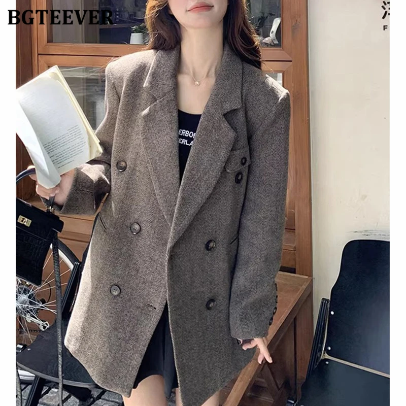 

BGTEEVER Casual Warm Loose Double Breasted Female Woolen Suit Jackets Autumn Winter Vintage Long Sleeve Pockets Women Blazer
