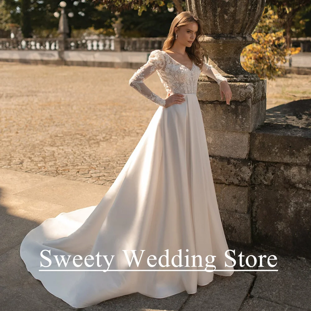 Robe de Mariée en Satin à Manches sulfet Col en V pour Femme, Personnalisée, avec Fleurs Appliquées, Transparente, Ligne A