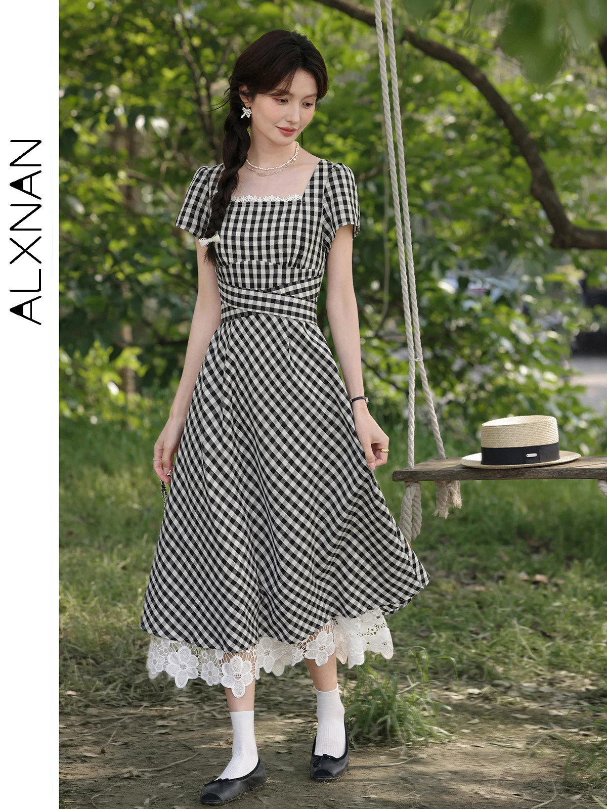 

ALXNAN Women's Black Plaid Long Dress Square Neck Lace A-line Elegant Holiday Dress 2025 Summer Casual Clothing New DYL661795-3