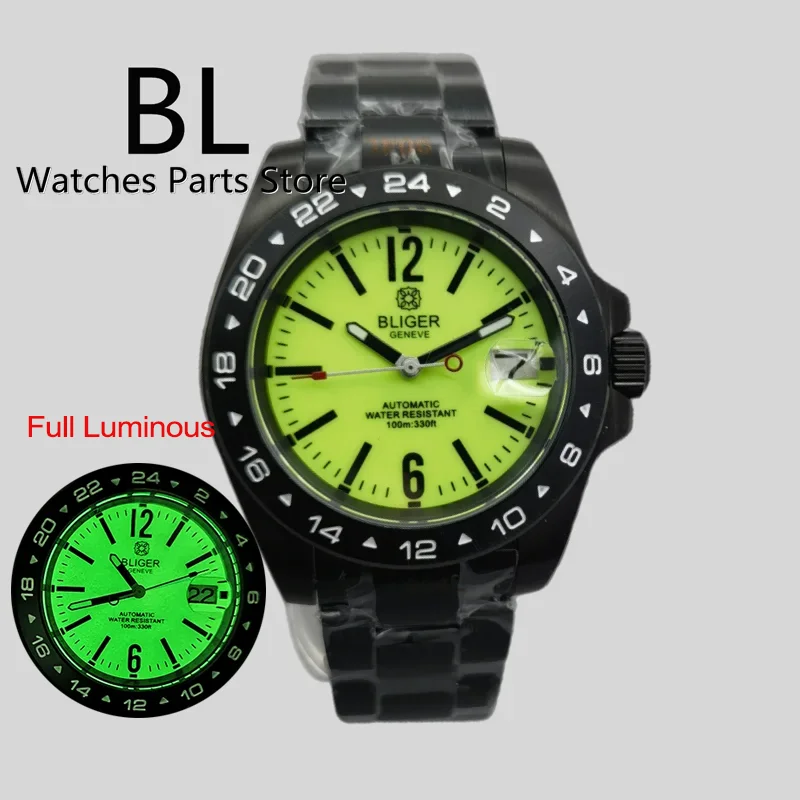 BLIGER 40 mm volledig lichtgevend EXP NH35 herenhorloge zwarte PVD-kast vaste 24-uurs lunette saffierglas waterdicht fluorescerend witte wijzerplaat