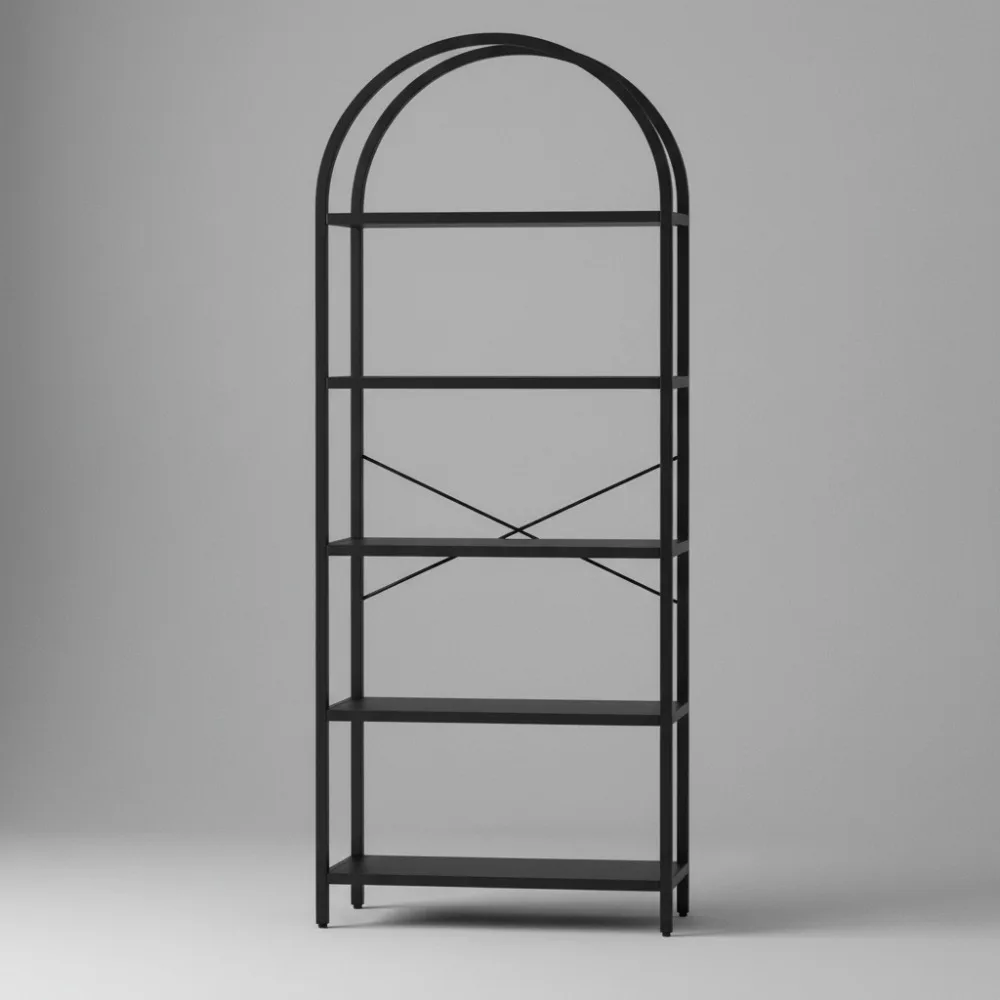 

5-Tier Metal Bookshelf with Arched Top, Industrial Farmhouse Style Storage Rack for Living Room & Home Office