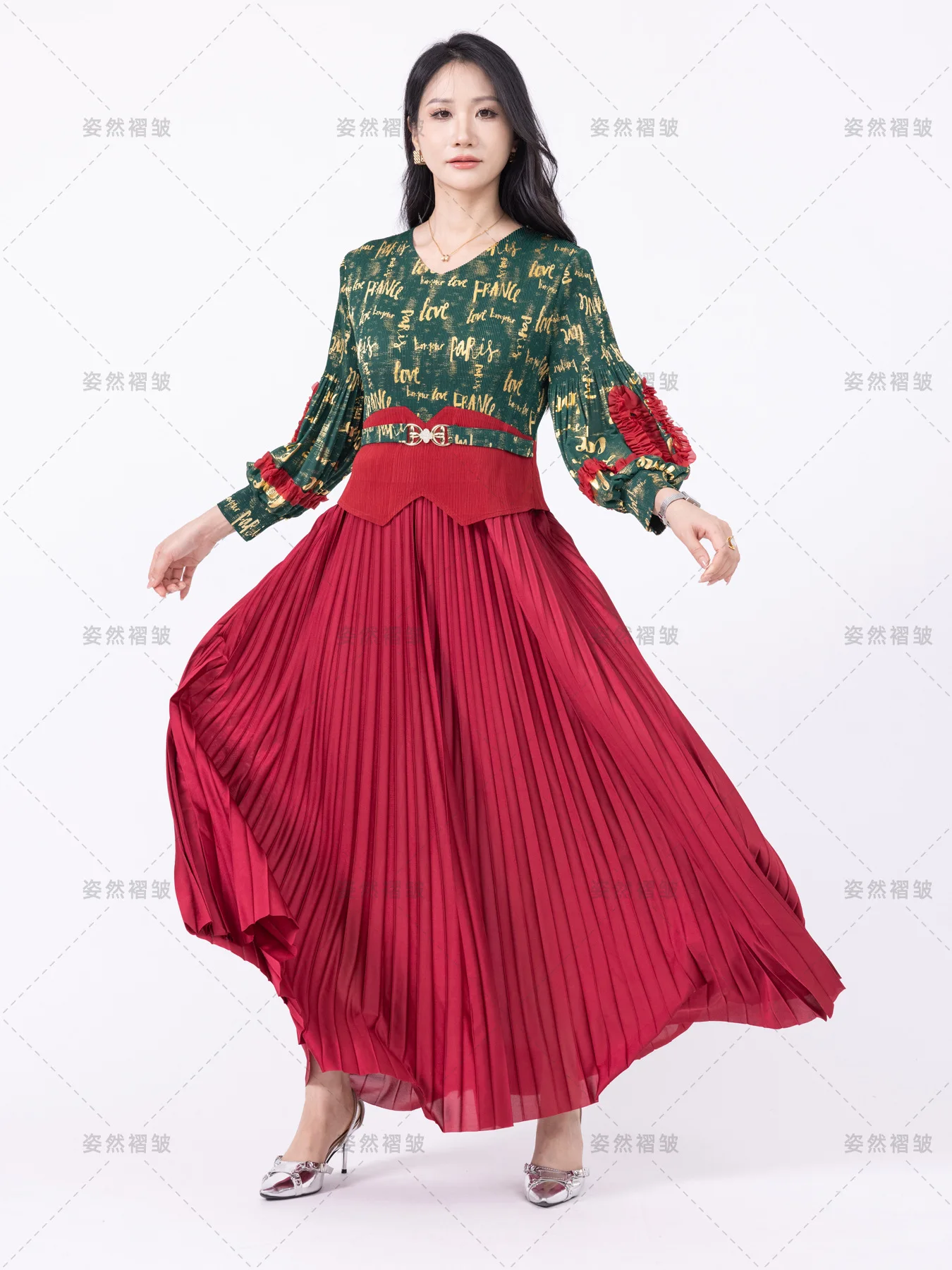 

Plus Size Clothing For Chubby Women Elegant Gowns Miyake Pleated Chiffon Long Sleeve Dress Fake Two Piece Luxury Party Female