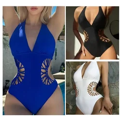 Solid Color Hollow Out Deep V Neck Women Monokini See-through High Waist Padded Lady Beachwear Bathing Suit Surfing Clothes