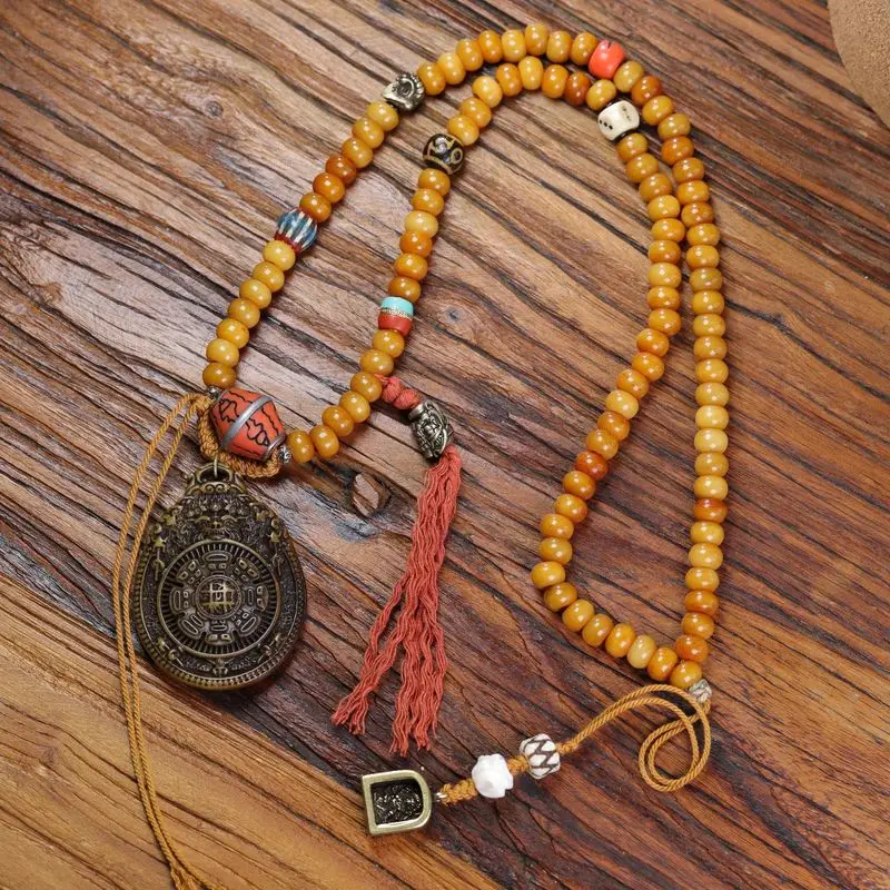 -style 108-bead prayer Tibetan nine-square pendant necklace with celestial beads